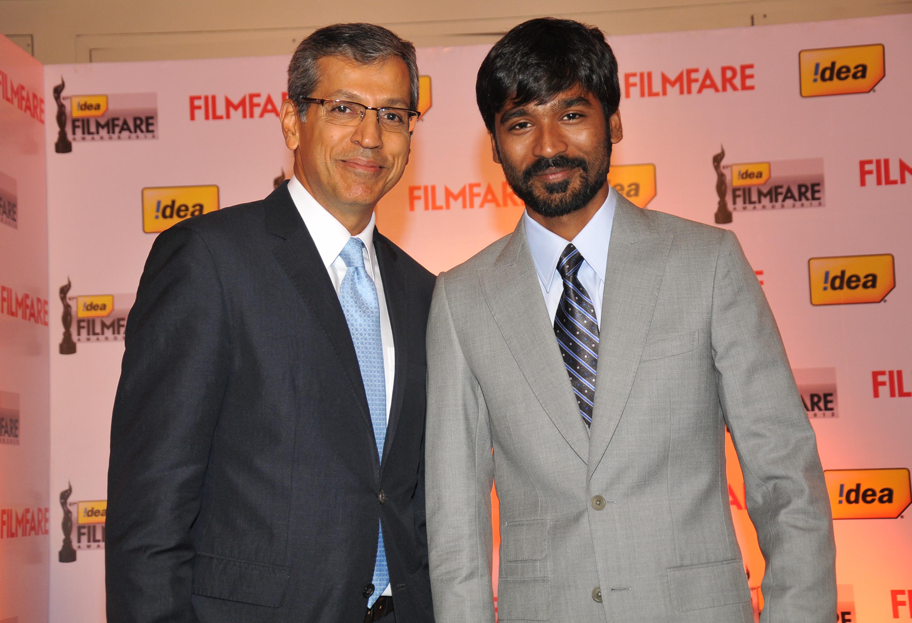 Mr. Tarun Rai (CEO, WWM) &  Dhanush at the '61st Idea Filmfare Awards 2013' Press Conference at Park Hyatt Hotel, Chennai.1