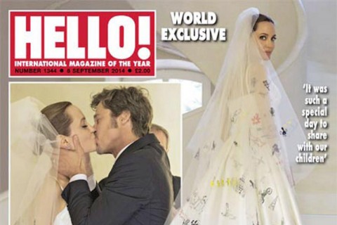Angelina Jolie’s wedding dress on People, Hello! magazine covers