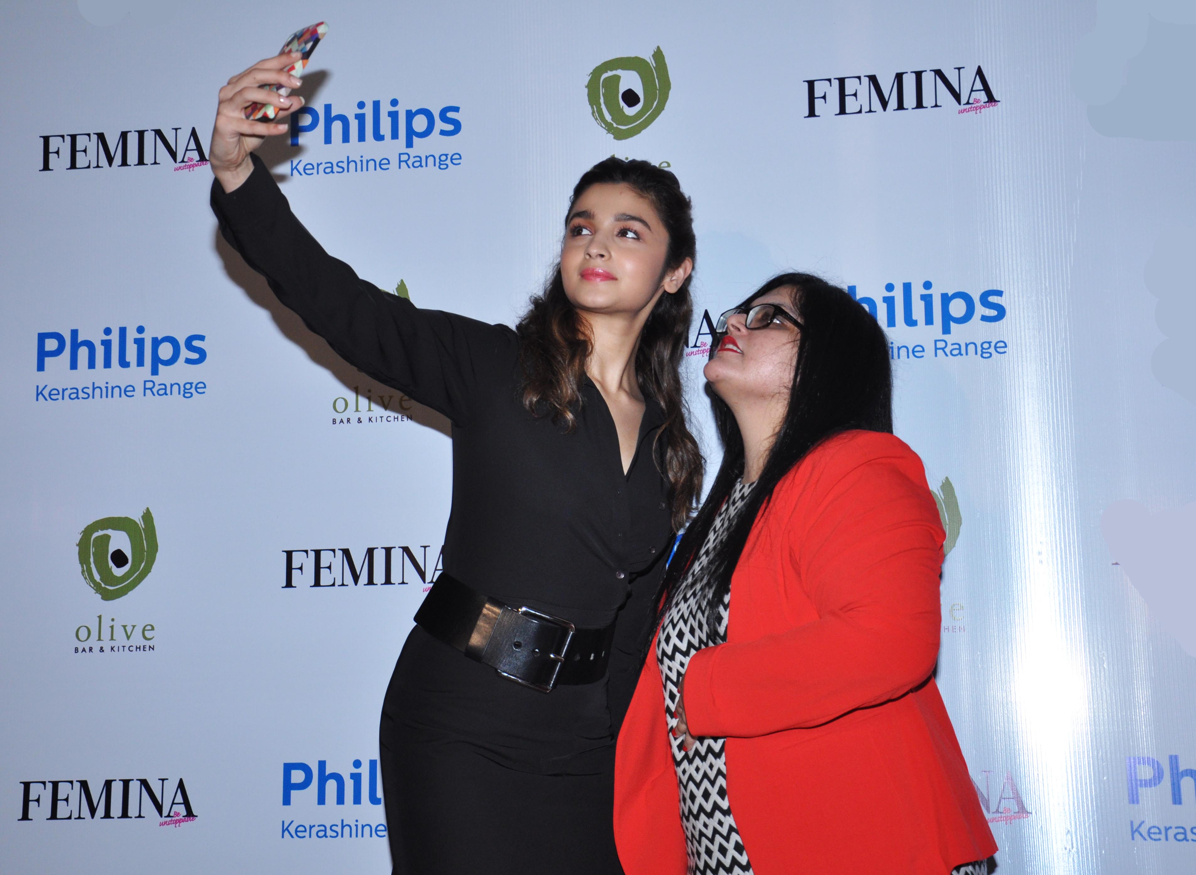 Alia Bhatt & Tanya Chaitanya (Editor, Femina) while selfie moment at the  launch of Feminaas 55th Anniversary issue at Guppy by Olive.