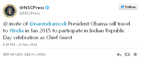 President Obama will be the Chief Guest at Republic Day Function