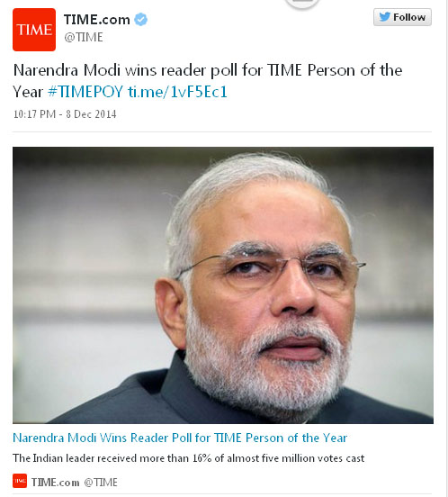 PM Modi Wins TIME Magazine's Readers' Poll