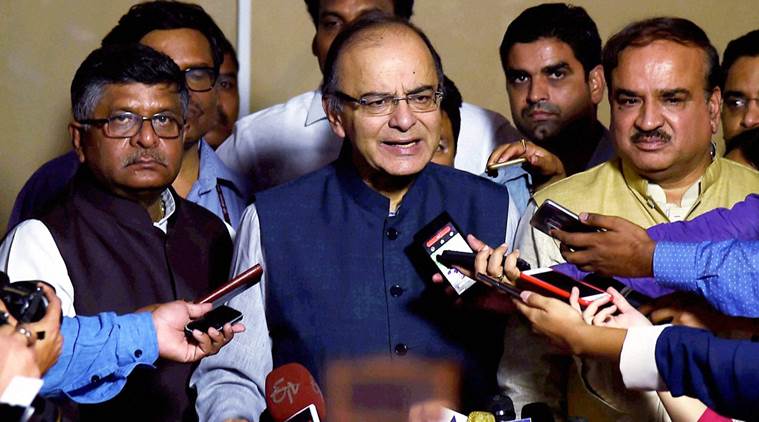 New Delhi:  Finance Minister Arun Jaitley addressing a press conference at Parliament House after the Goods and Services Tax (GST) bill was passed by the Rajya Sabha in New Delhi on Wednesday evening. PTI Photo by Shirish Shete(PTI8_3_2016_000348B)